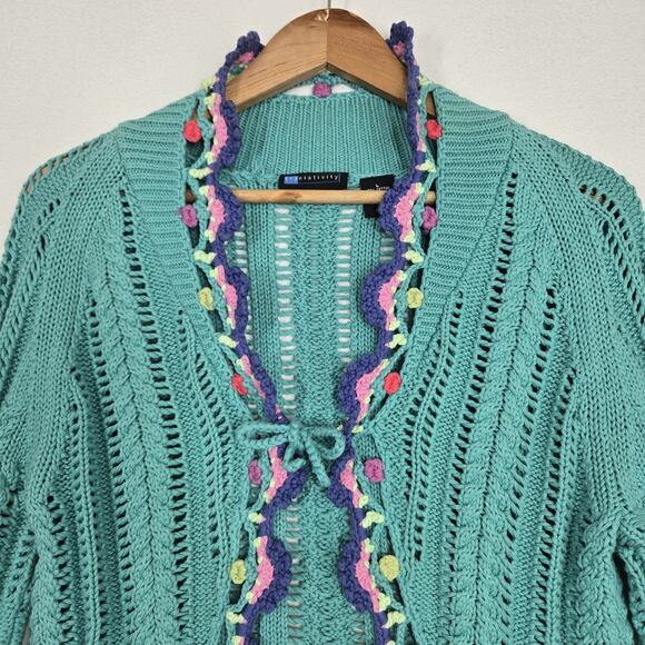 VTG Relativity Cardigan Sweater sz L* Teal Tie Front Cotton Boho Cottagecore - Picture 2 of 16